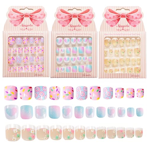 Kawyehu Kids Press on Nails 72Pcs French Donut Heart Short Full Cover False Nails