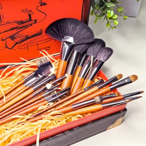 Professional Makeup Brush Set, 24 Pieces with Leather Case, Natural Hair Bristles, Wooden Handles