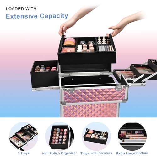 Stagiant Rolling Makeup Train Case with 4 Trays & Swivel Wheels
