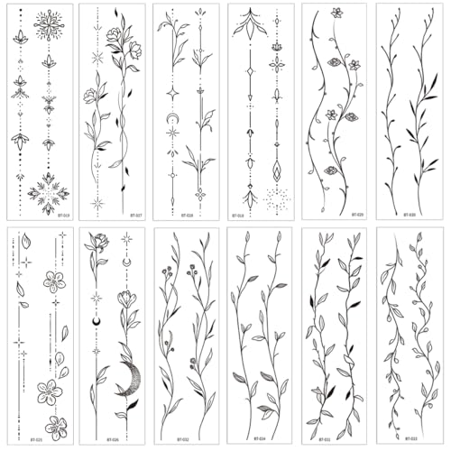 Vine Flower Temporary Tattoo - Waterproof 12 Sheet Set