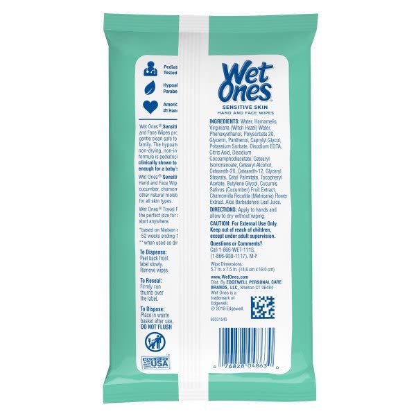 Wet Ones Wipes for Hands & Face, 20 Count Travel Pack (Pack of 5) 100 Wipes Total (Sensitive)