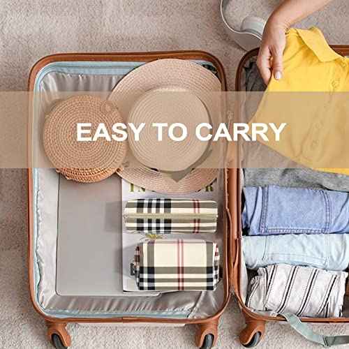 MAANGE Small Makeup Bag for Purse, 2 PCS Cosmetic Bag for Women Travel Makeup Pouch Leather Make up Bag Portable Zipper Pouch Brushes Bag - khaki plaid