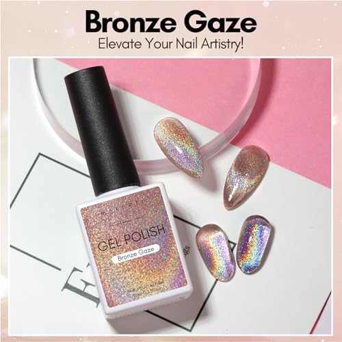 Makartt Cat Eye Gel Nail Polish Universal Rainbow Holographic Gel Polish Bronze Gaze Sparkly Glitter Unique Magnetic Effect Nail Gel for DIY Nail Art UV LED Soak Off Manicure 10ml