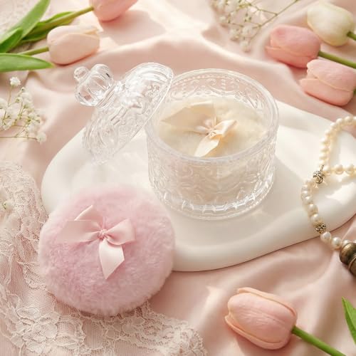 Large Body Powder Puff and Container Glass Jar Dusting Powder Container with Puff Soft Reusable Velour Face Body Wet Dry Makeup