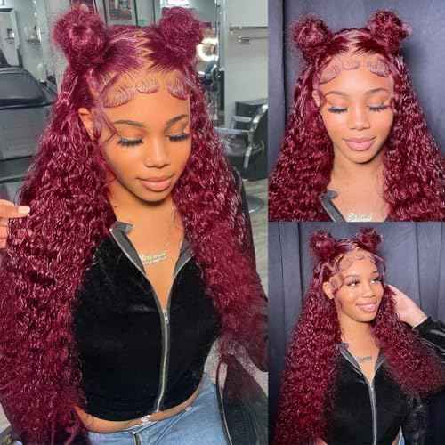 Burgundy Wig Human Hair Hidden Strap 360 Lace Front Wigs Human Hair Deep Wave Invisible Strap Pre Plucked Bleached Knots Glueless Drawstring Curly Human Hair Wig for Women (22inch)