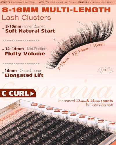 Geeneiya Fluffy Lash Clusters 8-16mm, C Curl 3D DIY Eyelash Extensions