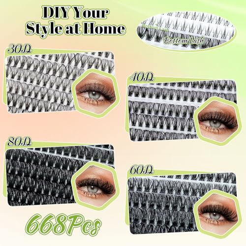 Eyelash Clusters Kit 668 Pcs with Bond, Seal & Remover