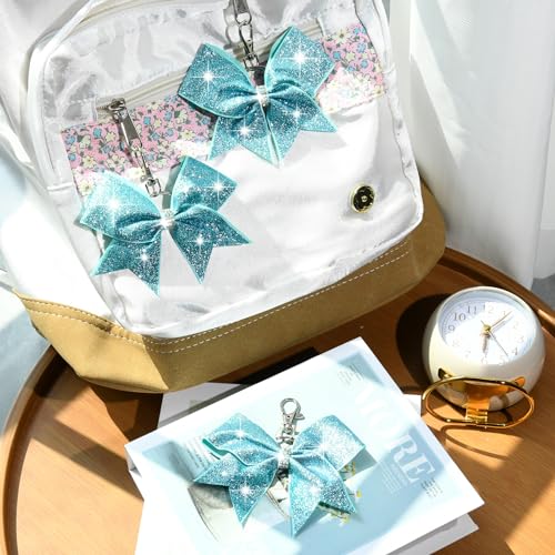 18PCS Cheer Bow Keychain Glitter Bow Keychain Hair Bow for Girls Rhinestones Sequin Bow School Senior Cheer Bow Accessories for Teen Softball football Cheerleader (Glitter Lake Blue)