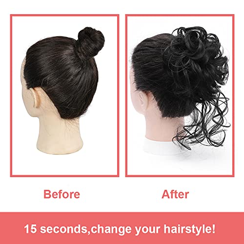 Messy Bun Hair Piece with Curly Extensions - Black