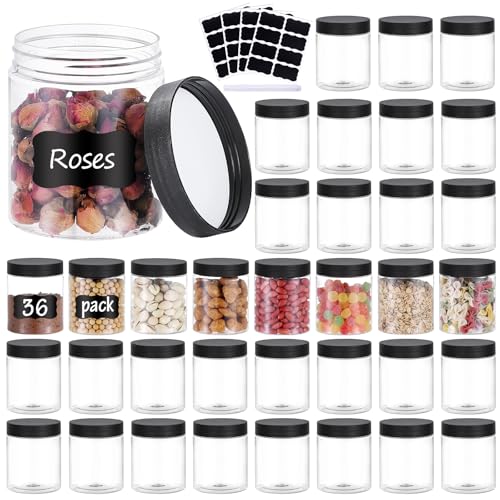 36-Pack 8oz Clear Plastic Jars with Screw Lids & Labels