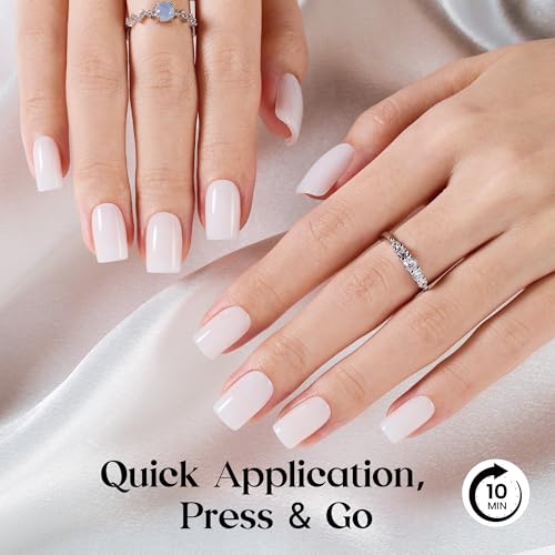 Beetles Milky White Press On Nails - Short Squoval Soft Gel Kit (32 Pcs)