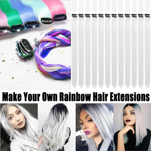 Olldag 20 Inch Colored White Hair Extensions Party Highlights, Straight Hairpiece Clip in Synthetic Hair Extensions for Kids Girls (12 Pcs White)