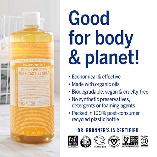 Dr. Bronner's - Pure-Castile Liquid Soap (Citrus, 1 Gallon) - Made with Organic Oils, 18-in-1 Uses: Face, Body, Hair, Laundry, Pets and Dishes, Concentrated, Vegan, Non-GMO