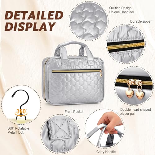 Travel Toiletry Bag, Hanging Makeup Organizer with Hook, Water-Resistant Cosmetic Bag, Fits Full-Size Shampoo & Conditioner Bottles, for Women & Men, Makeup Accessories & Brushes(Silver, Large)