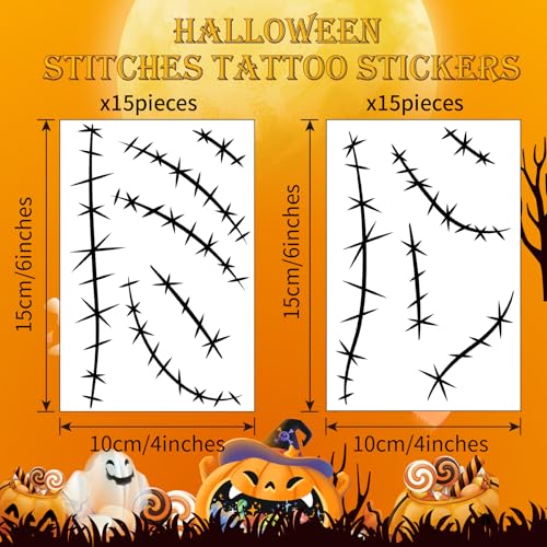 30 Sheets Halloween Stitches Tattoo Stickers Stitches Choker Necklace Fake Scar Temporary Tattoos Sticker for Halloween Cosplay Costume