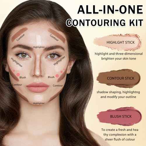 6 Colors Cream Contour Stick Makeup Kit, Double-ended Cream Highlighter Stick Bronzer and Blush Stick for Sculpt the Cheeks, Matte & Dewy Finish, Face Contour Kit for Beginners, Set A