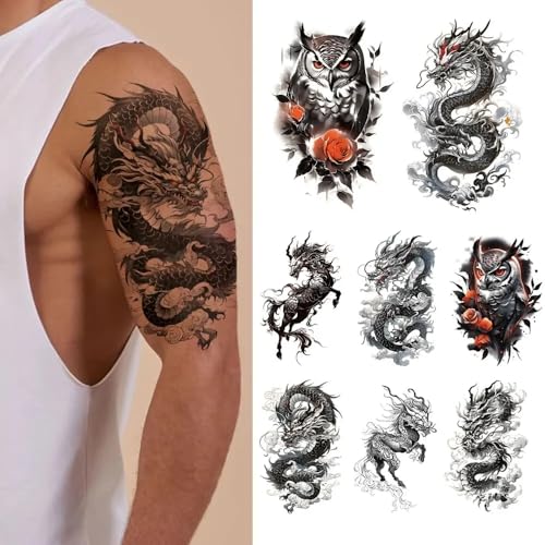 Temporary Tattoo Stickers 8 Pack - Dragon, Owl, Rose Design