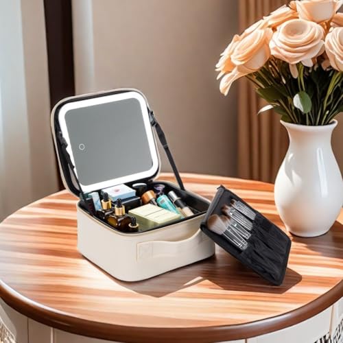 Makeup Bag with Mirror | Partitionable Professional Makeup Organizer | Large Travel Makeup Bag for Women | Cosmetic Case for Daily & On-the-Go Use (Ivory)