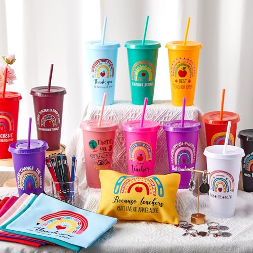Pickmesh Teacher Appreciation Gift Bulk 48 Pcs / 12 Sets Makeup Bag Keychain 24oz Plastic Cup with Lid Ballpoint Pen Thank You Teacher Supplies(Rainbow Straw Cup,Multicolor)