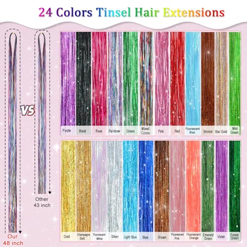 24 Color Hair Tinsel Kit - 8600 Strands Heat Resistant Extensions