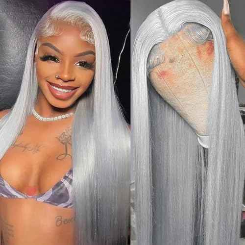 30 Inch Grey Lace Front Wigs Human Hair Straight 13x6 HD Transparent Lace Frontal Wig Human Hair Pre Plucked 180% Density Silver Grey Colored Glueless Lace Frontal Wigs for Black Women