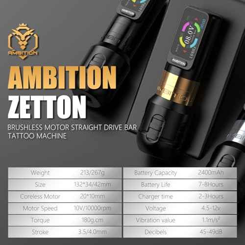 Ambition Zetton Wireless Tattoo Machine with Extra 2400mAh Battery Brushless Motor Straight Drive Bar Color Touch Display Rotary Tattoo Gun Cartridge Pen Supply for Professional Tattoo Artists