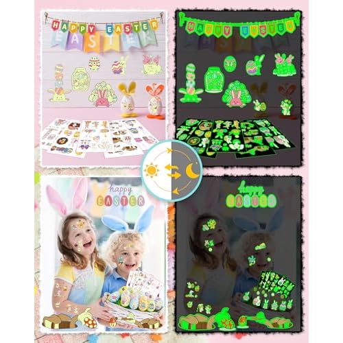 Greingways 110 Styles Easter Tattoos Party Favors for Kids, Luminous Temporary Tattoos Stickers, Egg Decorating Fillers Easter Goodie Bag Basket Stuffers Gifts for Girls Boys Kids Teens