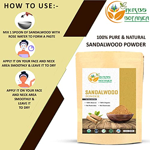 Herbs Botanica Chandan Sandalwood Powder Organic 100gm / 3.52 oz For Skin, Face Pack, Face Mask, Worship Tilak, Auspicious Occasions 100% Natural, Soothing, Cleansing, Wrinkles