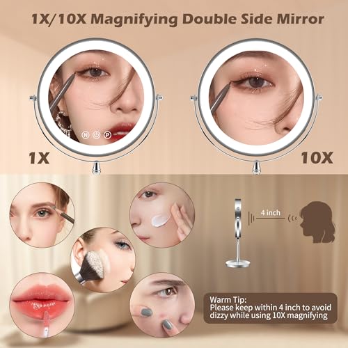9" Large Lighted Makeup Mirror, 1X/10X Magnifying Makeup Mirror with 3 Colors Dimmable Lightning, 80 LED Lights, 360¡ÆRotation Double Sided Standing Vanity Mirror