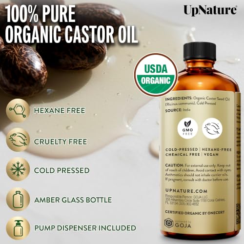 UpNature Organic Castor Oil 16oz - Cold Pressed, Hexane-Free, Glass Bottle + Pump