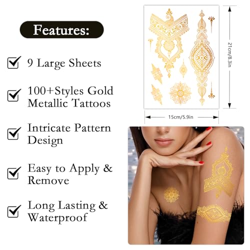 Metallic Gold Temporary Tattoos for Women - 9 Sheets