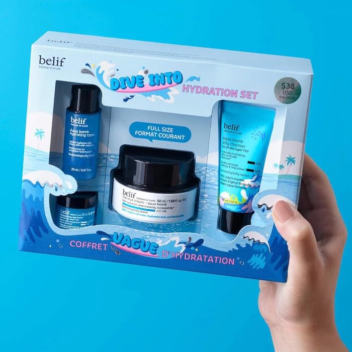 belif Aqua Bomb Dive Into Hydration Set | Korean Skin Care | Korean Moisturizer | Makeup Remover | Korean Toner | Eye Cream | Value Set | Gift Set | Aqua Bomb, Cleansing Balm, Hydrating Toner,Eye Bomb