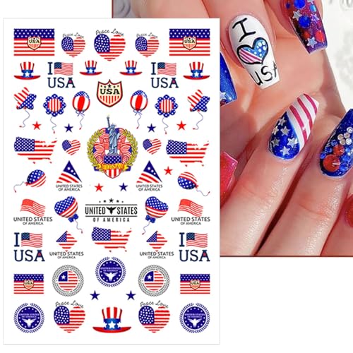 IDDFEVE 8 Sheets 4th of July Nail Stickers, Independence Day Patriotic Nail Decals, 3D Design Self-Adhesive USA Flag Star Nail Art