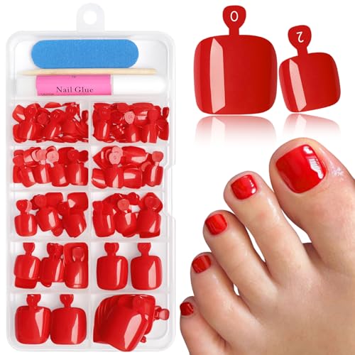 144pc Hot Red Press On Toenails Kit with Glue & Tools