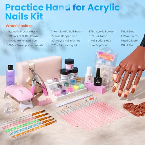 Magnetic Practice Hand for Acrylic Nails Kit: Flexible Nail Hands Acrylic Powder Set for Nail Extensions Caving - Mannequin Training Hand for Beginner Salon Home