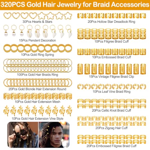 320pcs Gold Hair Jewelry Set for Braids, Locs & Dreadlocks