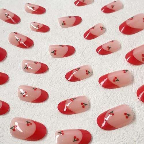 ROFIBUT Red French Tip Press-On Nails - Short Almond Full Cover