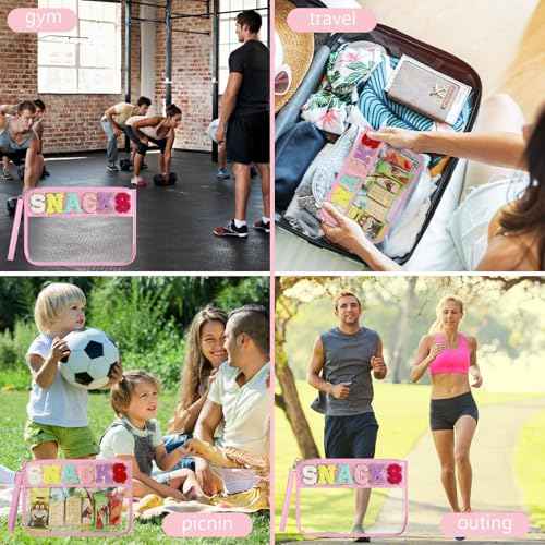 Clear Snack Bag for Travel, Chenille Letter Clear Zipper Snacks Pouch Nylon Cosmetic Bag Makeup Travel Bag for Women