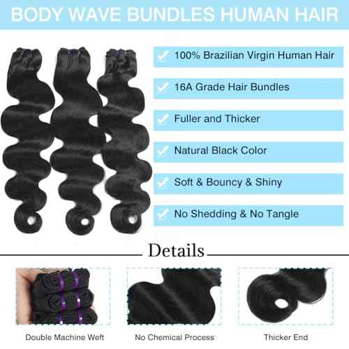 Beautymoon Body Wave Bundles 18 20 22 Inch 100% Unprocessed Brazilian Raw 3 Bundles Human Hair 16A Grade Body Wave Human Hair Bundles Remy Virgin Hair Extensions for Women