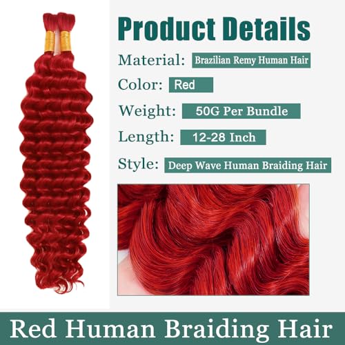 Red Boho Braiding Hair Deep Wave 26 Inch Human Hair Bulk