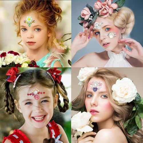 16 PCS Face Eyes Gems Tattoo Stickers 3D Flowers Rhinestone for Women Eyebrow drill Glitter Eyeliner Eyebrow Makeup Festival Party Decoration Body Art Decals Decorations Accessory