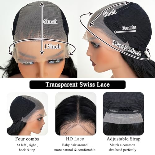 Black Glueless Wigs for White Women 26 Inch Pre Layered Body Wave Synthetic lace front Wigs - Pre Plucked 13¡¿6 HD Lace Front Synthetic Wig Pre Plucked with Tiny Knots Natural Hairline Wear and Go