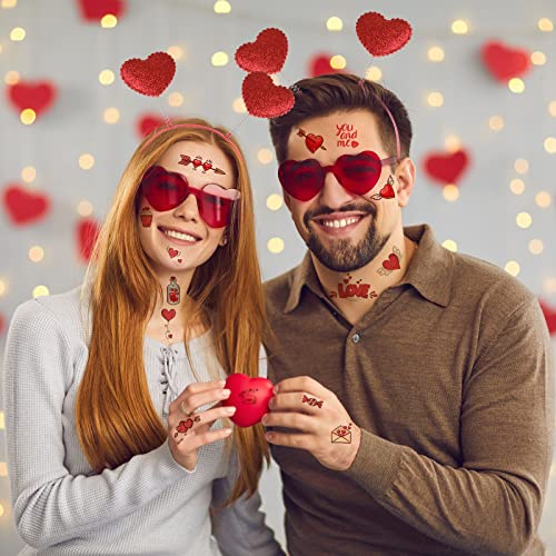 PLULON 34 Pieces Valentines Heart Headbands Heart Shape Sunglasses Temporary Tattoos Stickers Valentines Day Accessories Red Head Bopper Grasses for women Party Props Holiday Birthday