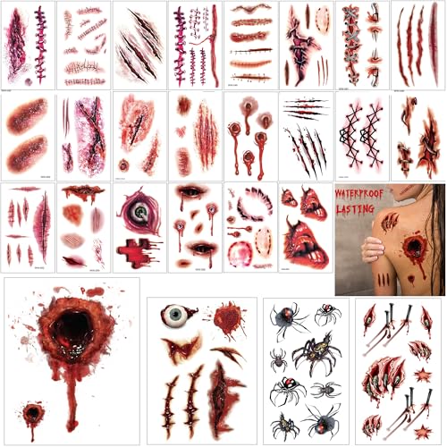 Halloween Wound Tattoo Stickers - 26 Sheets Waterproof SFX Makeup