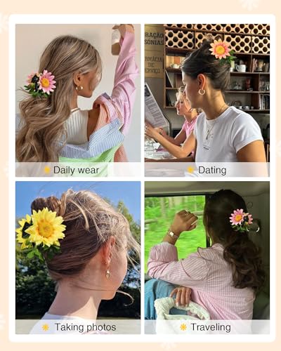 HAIMEIKANG 3PCS Sunflower Hair Claw Clips for Women - Large Artificial Flower Hair Clips for Thick Hair, Non-slip Hawaiian Cute Claw Clips for Girls Strong Hold Hair Claws (Pink+White+Rose Red)