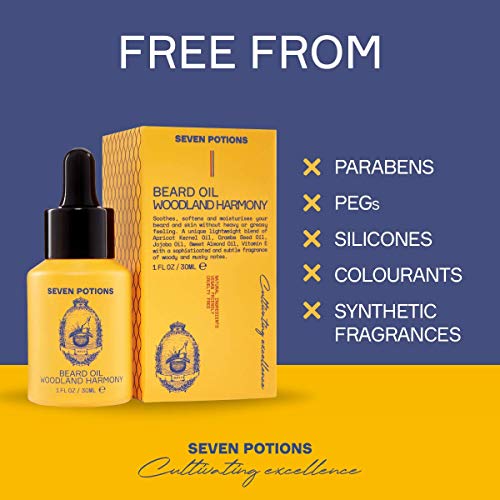 SEVEN POTIONS Natural Beard Oil for Men 1 FL OZ / 30ml ? Sweet & Woody Beard Softener & Conditioner ? Vegan Conditioning Oil That Helps Prevent Itch & Dandruff (Woodland Harmony)