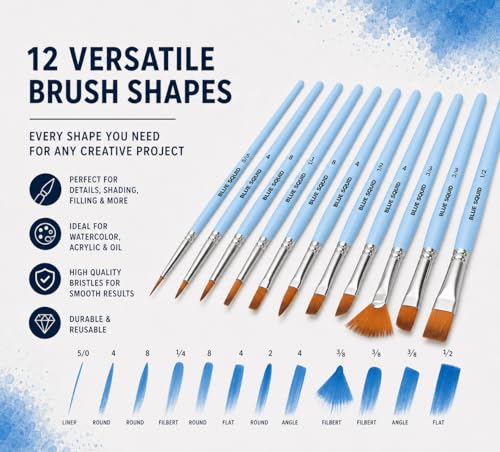 Blue Squid Light Blue Watercolor Paint Brushes Set of 12 - Artist & Face Painting