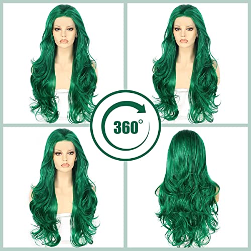 Dark Green Lace Front Wig 13x3 Synthetic Lace Front Wigs Loose Curly for Women 24 Inch Long Wavy Daily Party Use Body Wave Heat Resistant 150% Density