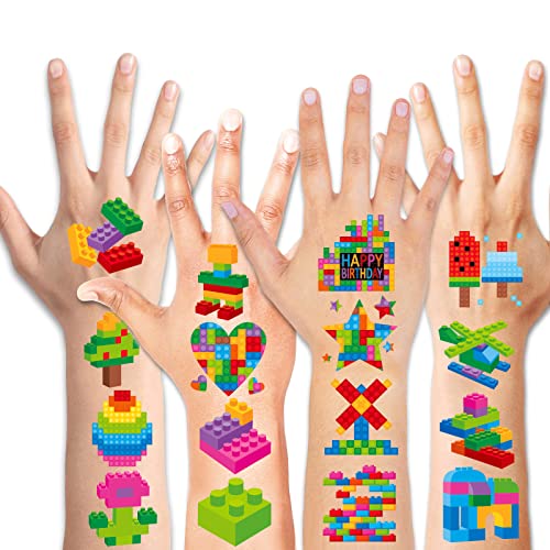 HOWAF 96pcs Neon Building Block Temporary Tattoos for Kids