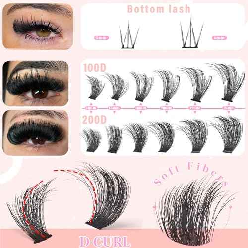 Fluffy Lash Clusters with Bottom Lashes 100D+200D Thick Eyelash Clusters 14-25mm Individual Mega Volume Lashes D Curl Cluster Eyelash Extensions DIY Lash Extension at Home, by Yaiseiko(Plant Fiber)